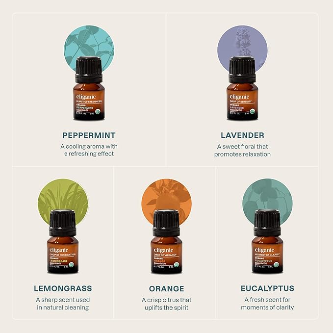Cliganic Organic Essential Oils Set (Top 5 - The Classics) - 100% Pure Natural - Aromatherapy, Candle Making - Peppermint, Lavender, Eucalyptus, Lemongrass & Orange - Bloomnest