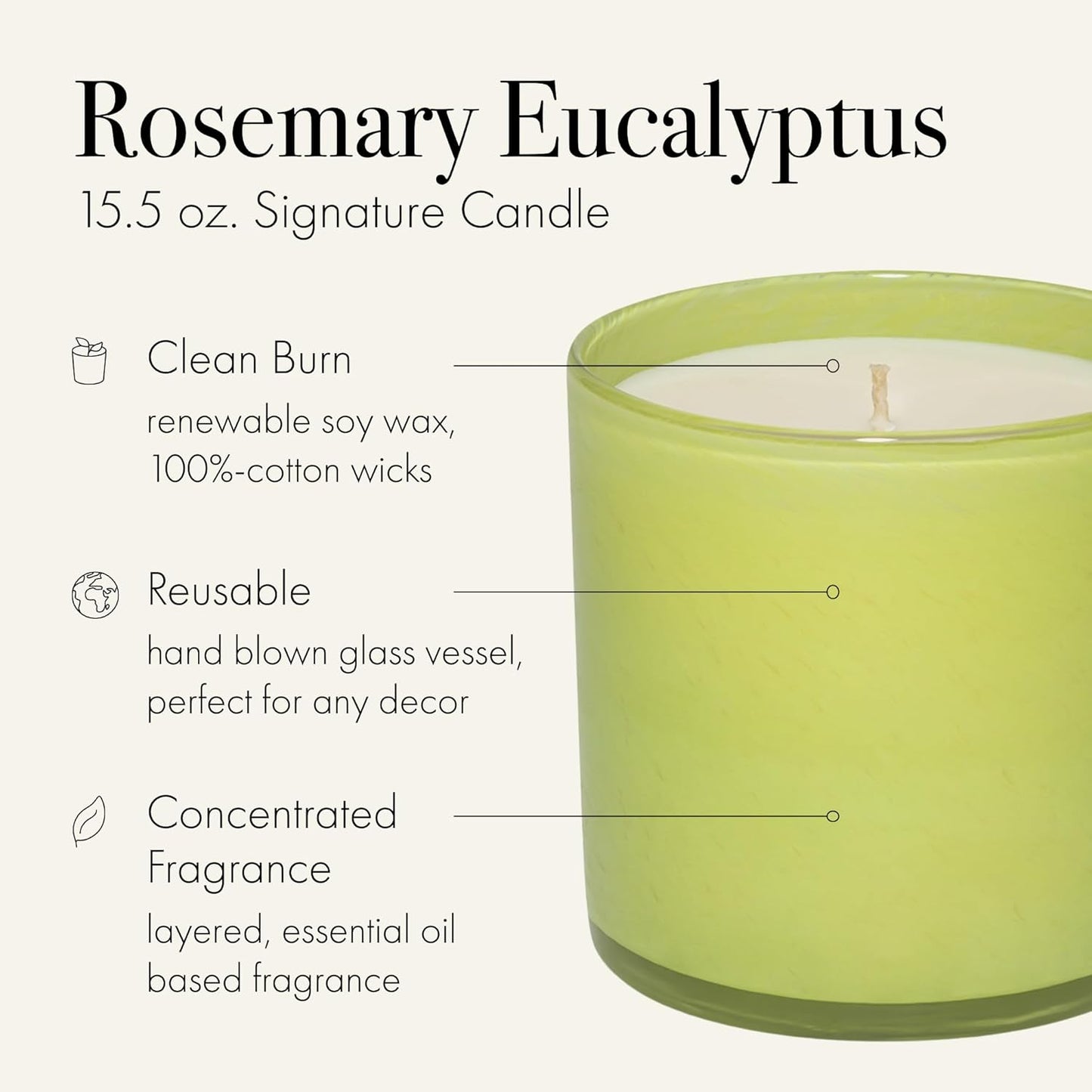 LAFCO New York Signature Candle, Rosemary Eucalyptus - 15.5 oz - 90-Hour Burn Time - Reusable, Hand Blown Glass Vessel - Made in The USA