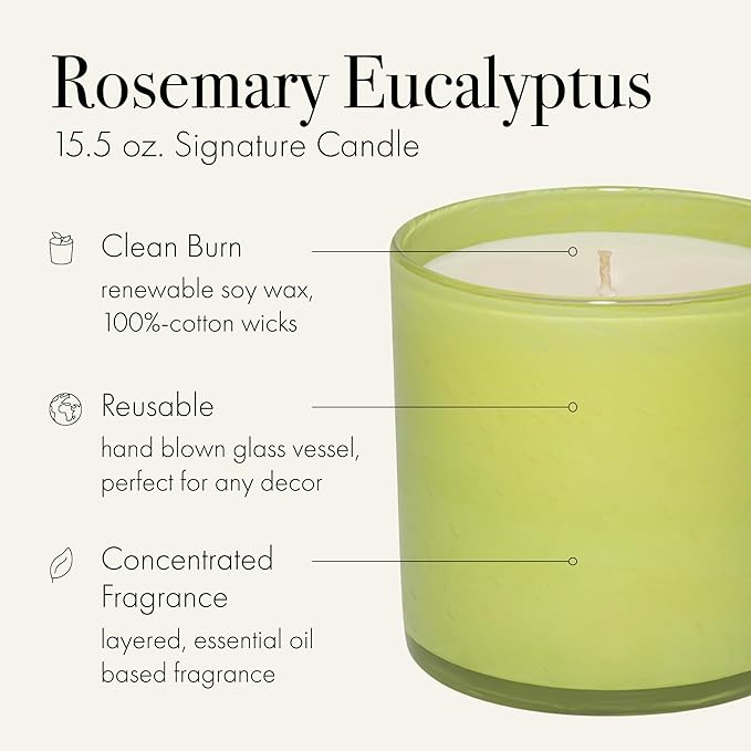 LAFCO New York Signature Candle, Rosemary Eucalyptus - 15.5 oz - 90-Hour Burn Time - Reusable, Hand Blown Glass Vessel - Made in The USA - Bloomnest