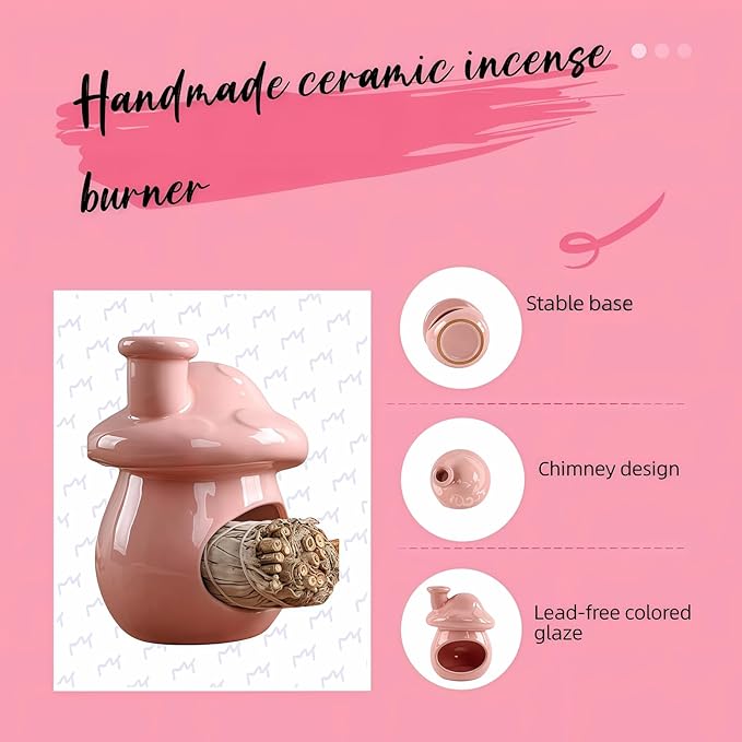 Mushroom Incense Holder, Pink Ceramic Palo Santo Holder Burner & Sage Holder - Mini Tabletop Chiminea Burner Tray with Ash Catcher, Cute Mushroom Decorations for Spiritual Meditation & Yoga - Bloomnest
