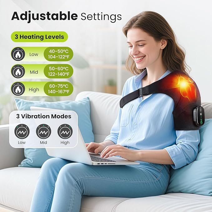 Cordless Shoulder Heating Pad with Vibration for Rotator Cuff Pain Relief, Heated Shoulder Massage Pad, Rotator Cuff Support Brace with 3 Heating Levels &3 Vibration (Black) - Bloomnest