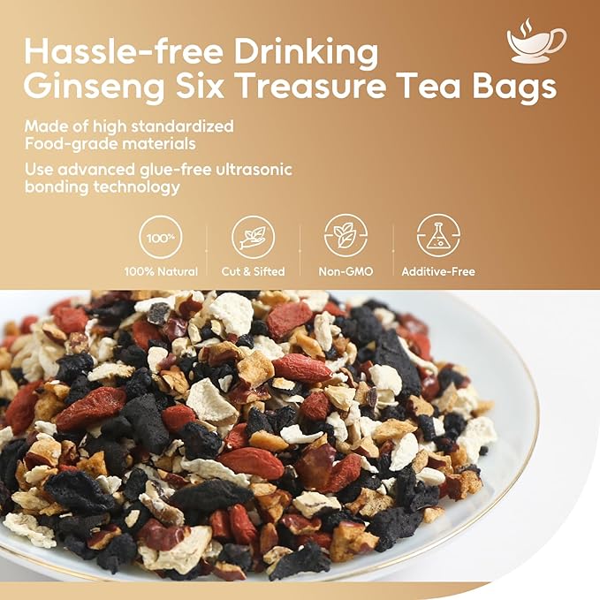 FullChea - Ginseng Six Treasure Tea, 30 Teabags, Traditional Chinese Herbal Blend for Kidney Health, Detox Tea With Ginseng, Mulberry, Huangjing, Maca, Goji Berry, Red Dates, Yam - Support Wellness - Bloomnest