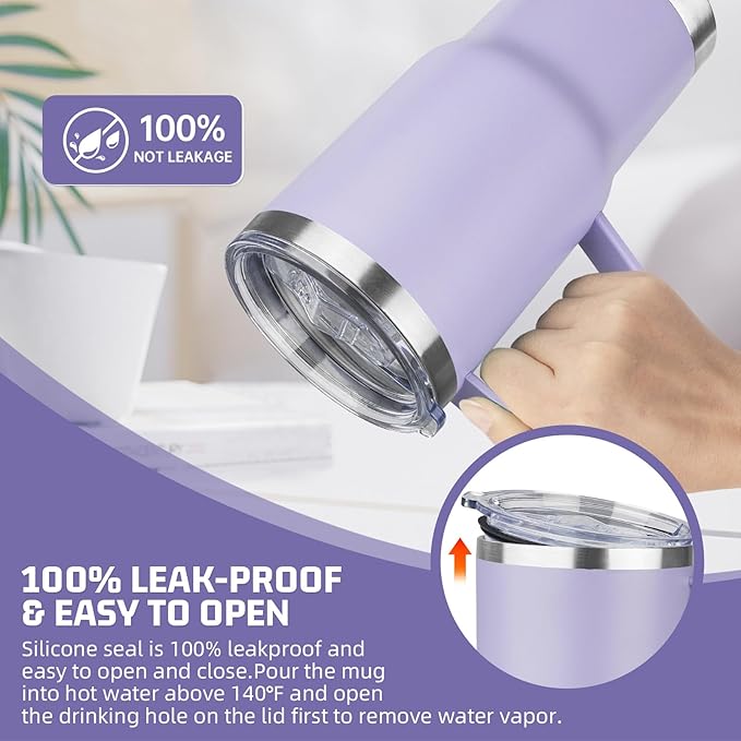 20 oz Tumbler with Handle Stainless Steel Insulated Coffee Mug Tumbler with Lid and Straw Double Wall Vacuum Insulated Coffee Mug Leak Proof Travel Tumbler for Hot and Cold Drink (Pale Purple,1pack) - Bloomnest