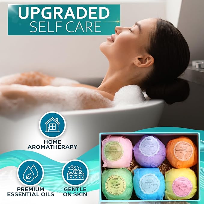 Bath Bombs Gift Set - 6 XXL Bubble Bath Fizzies (4.1 oz Each) with Natural Dead Sea Salt Cocoa and Shea Essential Oils - Best Gift Idea for Birthday, Mom, Woman, Girl, Him, Kids - Bloomnest