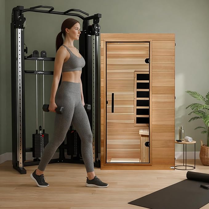 DYNAMIC SAUNAS Elite 1 Person Compact Ultra Low EMF FAR Infrared Sauna with Red Light Therapy & Bluetooth Speakers - Personal Indoor for Home & Gym DynamicSaunas