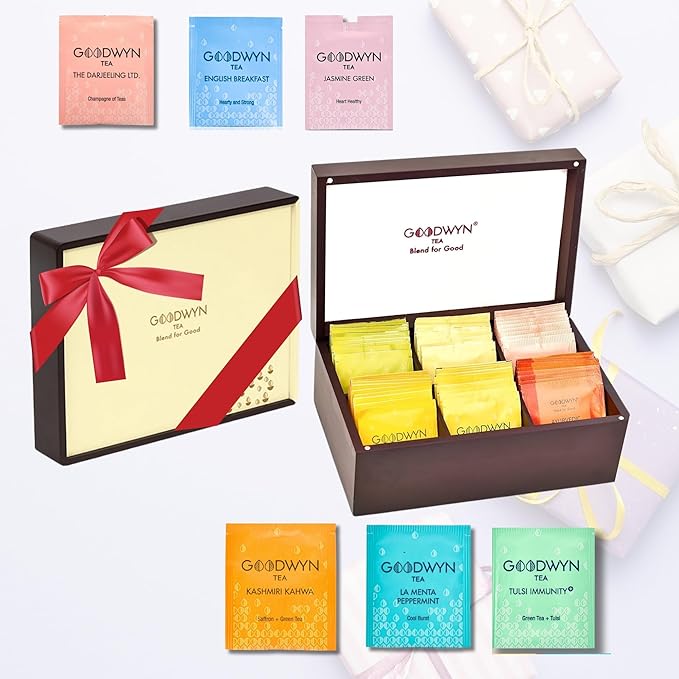 Goodwyn Assorted Tea Sampler Box – 60 Individually Wrapped Tea Bags | Premium Herbal, Black & Green Tea Collection in Reusable Wooden Chest | 6 Flavors x 10 Each: Darjeeling, English Breakfast, Green, Jasmine, Kahwa, Peppermint | Ideal Gift Set - Bloomnest