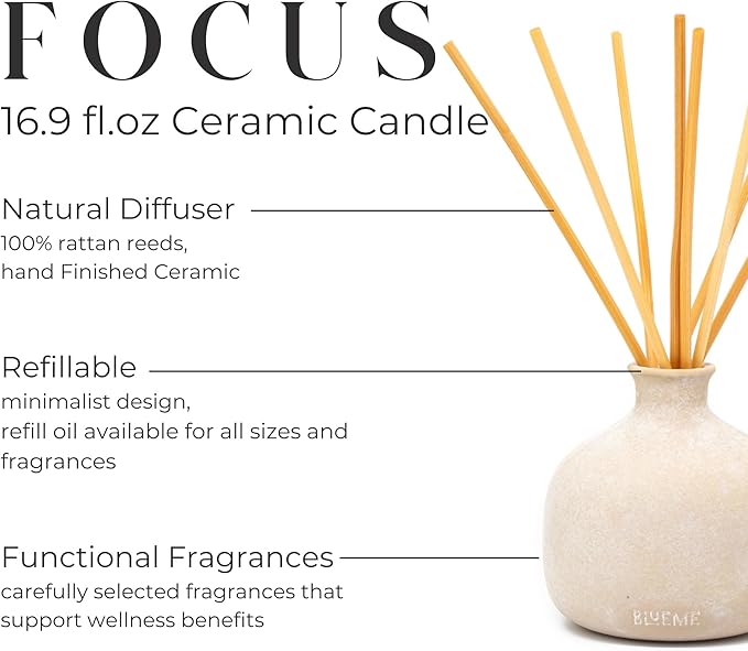 BLUEME Focus-Eucalyptus & Lime, 16.91 Fl Oz Wellness Diffuser, Contains Essential Oil, Sustainable, Hand Finished, Premium, Luxury Ceramic, Natural Rattan Reeds - Bloomnest