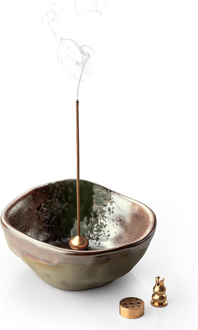 4 in 1 Incense Holder with 3 Different Incense Sockets, 4.25 Inch Incense Burner, Unique Round Shape Incense Holder for Sticks, Ceramic Incense Stick Holder for Meditation, Yoga, Rose Gold