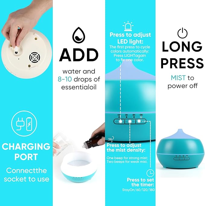 HAPPTWS 500ML Essential Oil Diffuser - BPA Free Ultrasonic Aromatherapy Diffuser, with 7-Color Lights Waterless Auto Shut Off for Home、Room、pet Room - Blue HAPPTWS
