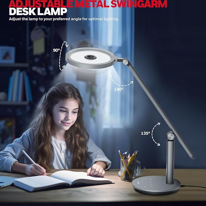 Honeywell Desk Lamp for Home Office, H6 Sunturalux™ Eye-Caring Led Desk Light, 800LM Dimmable Desk Lamp with Timer, Touch Control Tall Desk Reading Light, Table Lamp for Circle Webcam, Study, Bedroom - Bloomnest
