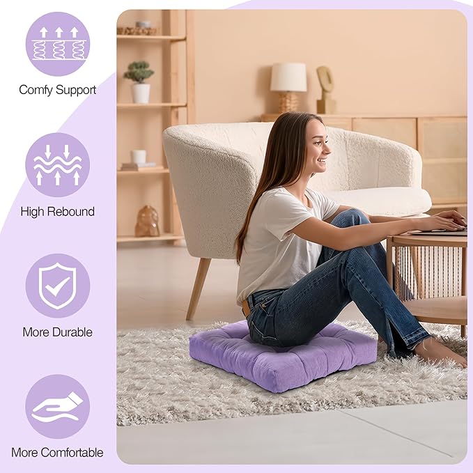 Floor Cushions for Adults Floor Pillows for Sitting Large Square Tufted Meditation Pillows Memory Foam 2 Pcs, 22" x 22", Purple - Bloomnest