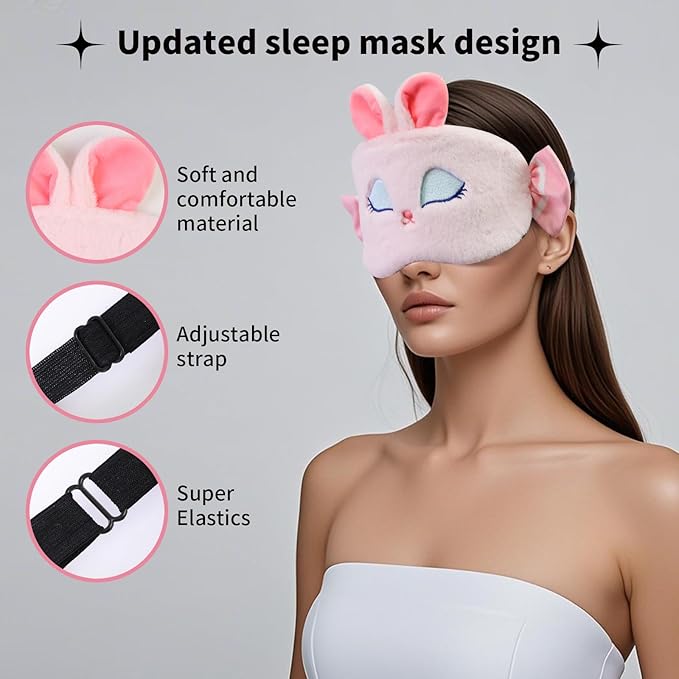 Cute Sleep Eye Masks for Kids, Kawaii Cartoon Kids Sleeping Mask for Women Boys Girls Teens, Soft Plush Adjustable Eyeshade Silk Travel Nap Eye Cover,Pink Candy Bunny - Bloomnest