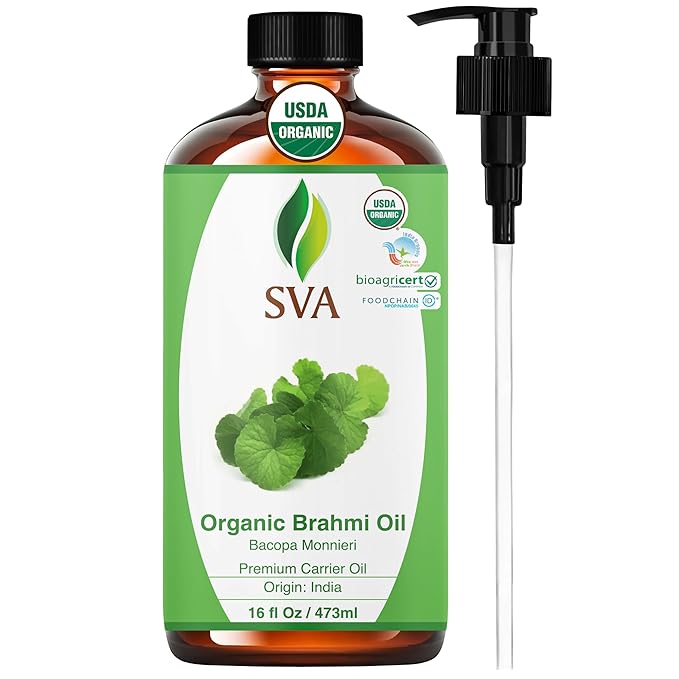 SVA Brahmi Oil Organic - 16 Fl Oz – 100% Natural Cold Pressed Organic Brahmi- for Face, Skin Care, Hair Care, Scalp Massage & Body Massage – Carrier Oil - Bloomnest