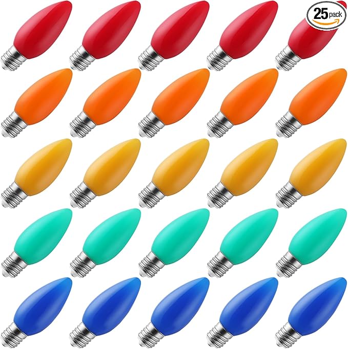 25-Pack Ceramic C9 Christmas Light Bulbs, Multicolor LED Light Bulbs Holiday Decoration, Christmas Decor for Indoor & Outdoor Use, E17/C9 Intermediate Base (Multicolor Smooth) - Bloomnest