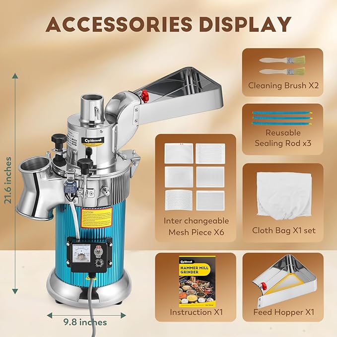 CGOLDENWALL DF-20 Hammer Mill Grinder Commercial Electric Herb Grinder Mill Industrial Automatic Continuous Spice Hammer Grain Mill Pulverizer Capacity 44 Pounds Per Hour 110V Rotate Speed 2840r/min - Bloomnest