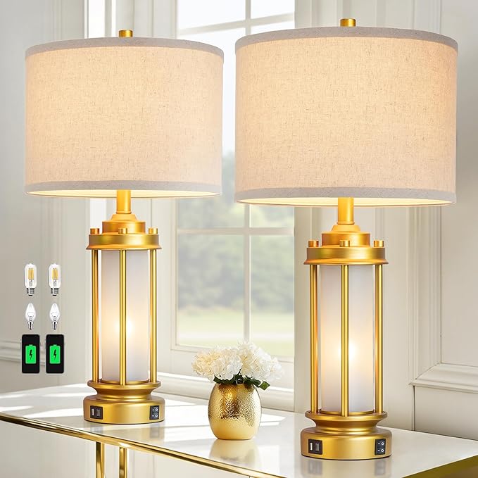 Set of 2 Modern Table Lamps for Living Room, Farmhouse Vintage Bedside Lamp with 2 USB Ports Glass Nightlight, Gold Nightstand Desk Lamps for Entryway Bedroom Dresser, 4 Bulbs Included - Bloomnest