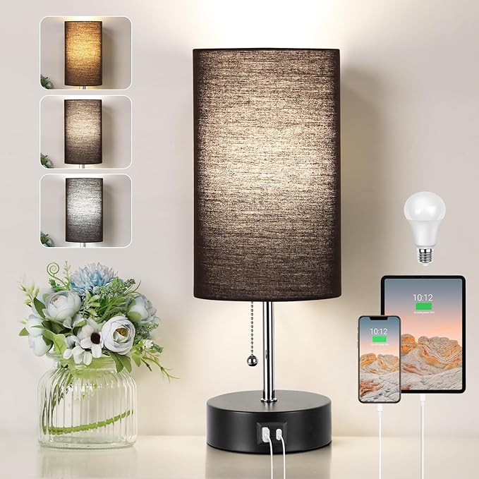 3-Color Temperature Bedside Lamp Nightstand Lamp with USB A Port and C Port, Table Lamp for Bedroom with LED Bulb Small Lamps for Living Room (Black) - Bloomnest