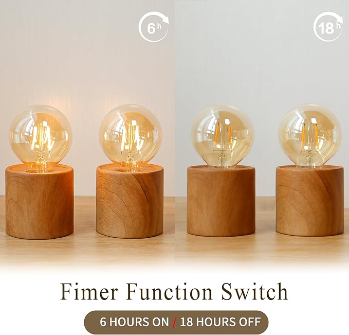 JHY DESIGN Set of 2 Wood Grain Table Lamp 6.5" Tall Cordless Lamp Light with Edison Style Bulb and 6 Hours Timer Battery Operated Lamp Great for Living Room Weddings Parties Patio Indoors Outdoors