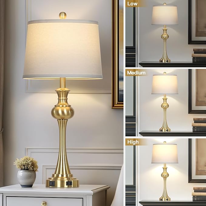 28.75" Gold Table Lamps for Living Room,Touch Lamps for Bedrooms Set of 2 - Nightstand Table Lamp with USB C+A, 3 Way Dimmable Bedside Lamps End Tables, Antique Brass - Bloomnest