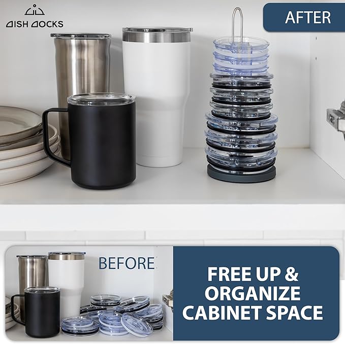 Tumbler Lid Organizer for Cabinet & Countertop - Slim Space-Saving Lid Holder with 9" Sturdy Bar & Weighted, Non-Slip Base - Vertical Storage Cup Lid Organizer - Collapsible Lid Rack for 10 Lids - Bloomnest