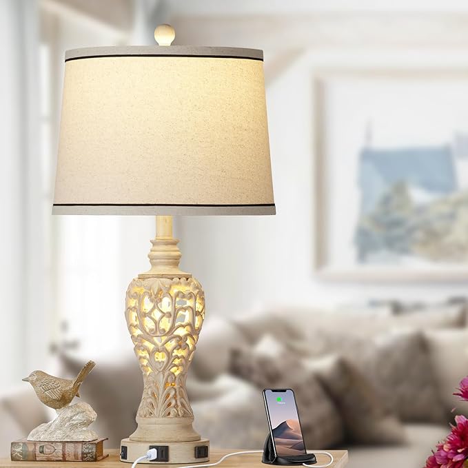 Table Lamps Set of 2, Farmhouse Table Lamps with Nightlight, Rustic Bedside Lamps with Dual USB & AC Outlet, 25.2'' Beige Vintage Nightstand Lamps for Bedroom Living Room, Bulbs Included - Bloomnest