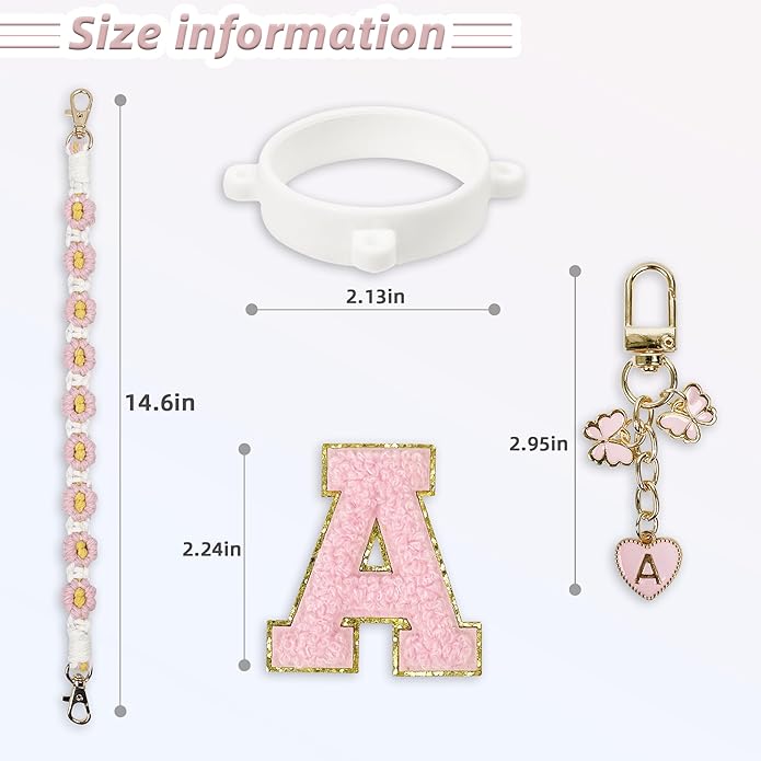 Compatible with Owala Water Bottle Accessories, Cute Letter Charm Set with Boho Handle Strap, Monogram Sticker, Silicone Ring, Keychain Decoration, for FreeSip 24 32 40oz, Owala Kids, Tumbler Gift SITKOL