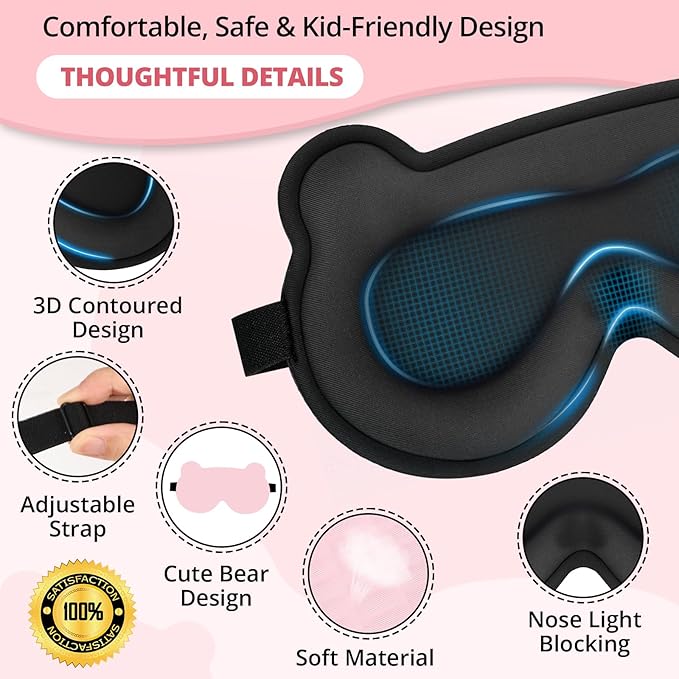 Kids Sleep Mask, 3D Sleeping Eye Mask for Kids with Adjustable Elastic Strap, Bear Shape Eye Cover with Memory Foam, Soft & Light-Blocking, Gift for Boys Girls Teens Age 5–15 (Light Pink) - Bloomnest