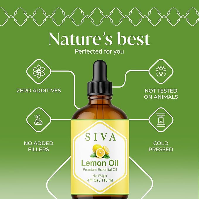 Siva Lemon Essential Oil - 4 Fl Oz – 100% Natural Lemon Oil - for Diffuser, Face, Skin Care, Aromatherapy, Hair Care, Scalp and Body Massage - with Dropper - Bloomnest