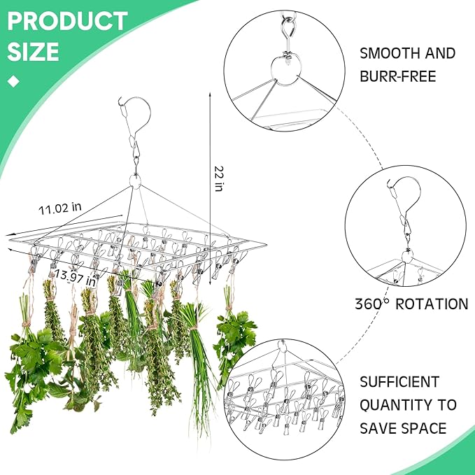 Bokon 4 Pcs Hanging Drying Rack for Herb Macrame Flower with Stainless Clip Dryer Hook for Drying Herb Air Plants Spices Flower Hydroponic Plant Ready to Use with Ceiling Hook(Square) - Bloomnest