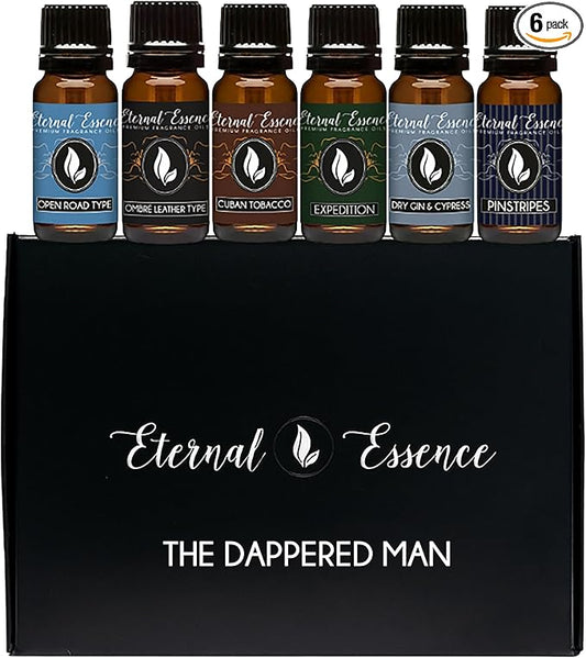 Eternal Essence Oils Dappered Man/Gentlemen Set of 6 Premium Fragrance Oils - Includes Cuban Tobacco, Dry Gin & Cypress, Expedition, Ombré Leather Type, Open Road Type, Pinstripes Scented Oils - 10ML - Bloomnest