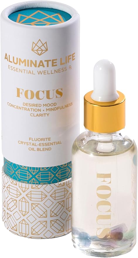 Crystal Infused Essential Oil Vial, 1 Oz, Focus - Fluorite Crystal Infused - Scents of Orange, Ginger, Ylang-ylang, & Lavender - Aromatherapy Oils, Massage, Relaxing, Stress Relief