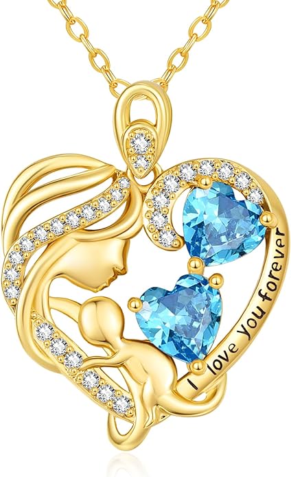 14K Gold Double Birthstone Heart Necklace for Women Mom, Mother Son/Daughter Pendant Necklace for Christmas Mother's Day Birthday Gifts for Wife Daughter Grandmom - Bloomnest