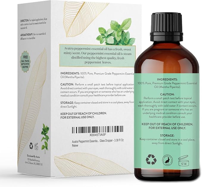Avatra Peppermint Essential Oil 100ML (3.38 OZ) with Glass Dropper and Travel Bottle, Pure and Natural Therapeutic Grade Peppermint Oil for Diffuser, Aromatherapy, Massage, and DIY Candle Products - Bloomnest