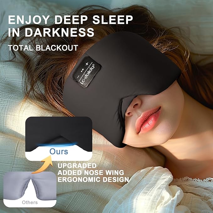 LC-dolida Sleep Mask with Bluetooth Headphones, Ice Silk Sleep Headphones with Bluetooth 5.4, Total Blackout Eye Mask for Sleeping, Sleep Soft Mask for Women Men, All Night Sleep, Travel(Black) - Bloomnest