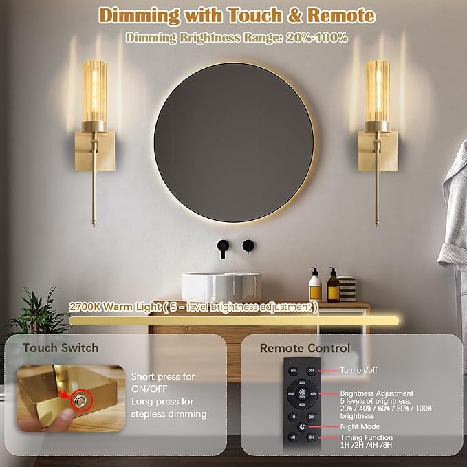 Battery Operated Wall Sconces Set of Two with Remote, Gold Rechargeable Wireless Wall Lights, Sconces Wall Decor Set of 2, Dimmable 2700K Battery Powered Sconce for Bedroom Living Room Hallway - Bloomnest