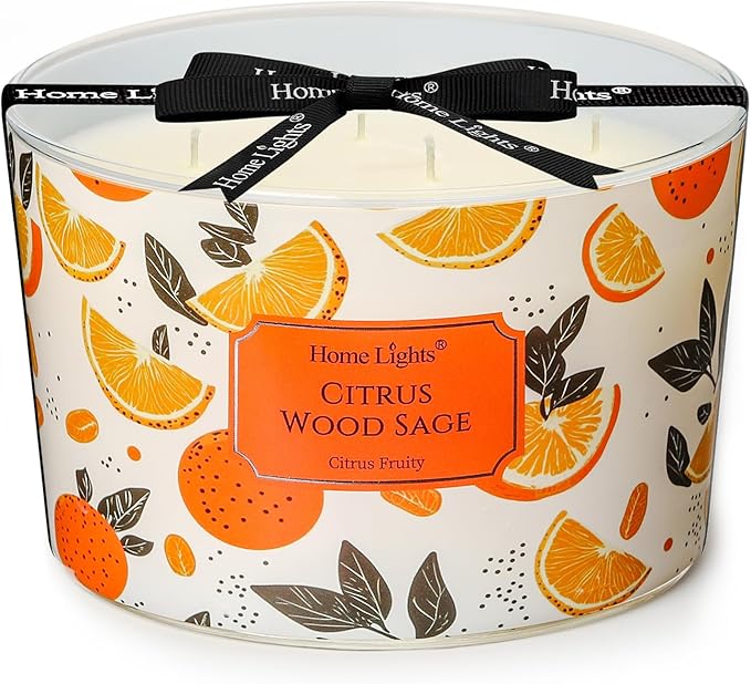 HomeLights Citrus Wood Sage Scented Candles | 18oz Soy Candles Eclectic Mixed Styles 4-Wick Large Candle Jars | Ideal Candle Gifts for Events, Home Decor Stress, Relief & Relaxation - Bloomnest