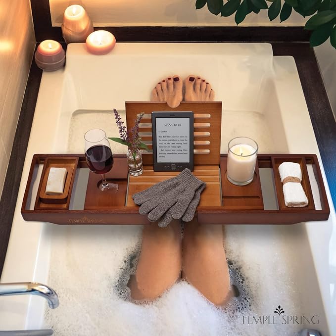 Temple Spring Wooden Bathtub Tray, Bamboo Bathroom Accessories, Bath Tray for Tub, at Home Spa Essentials, Board for Tub Table, Bath Caddy for Bathtub Accessories & Bathroom Essentials – Wood Brown - Bloomnest