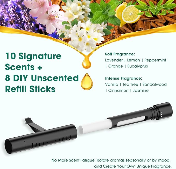 2Pcs Custom Car Air Freshener Vent Clips, Scented Sticks Kit with 10 Different Aroma Bags (2 Stick Each) & 8 Unscented Refill Sticks, Long-Lasting Odor Eliminator Car Diffuser - Bloomnest