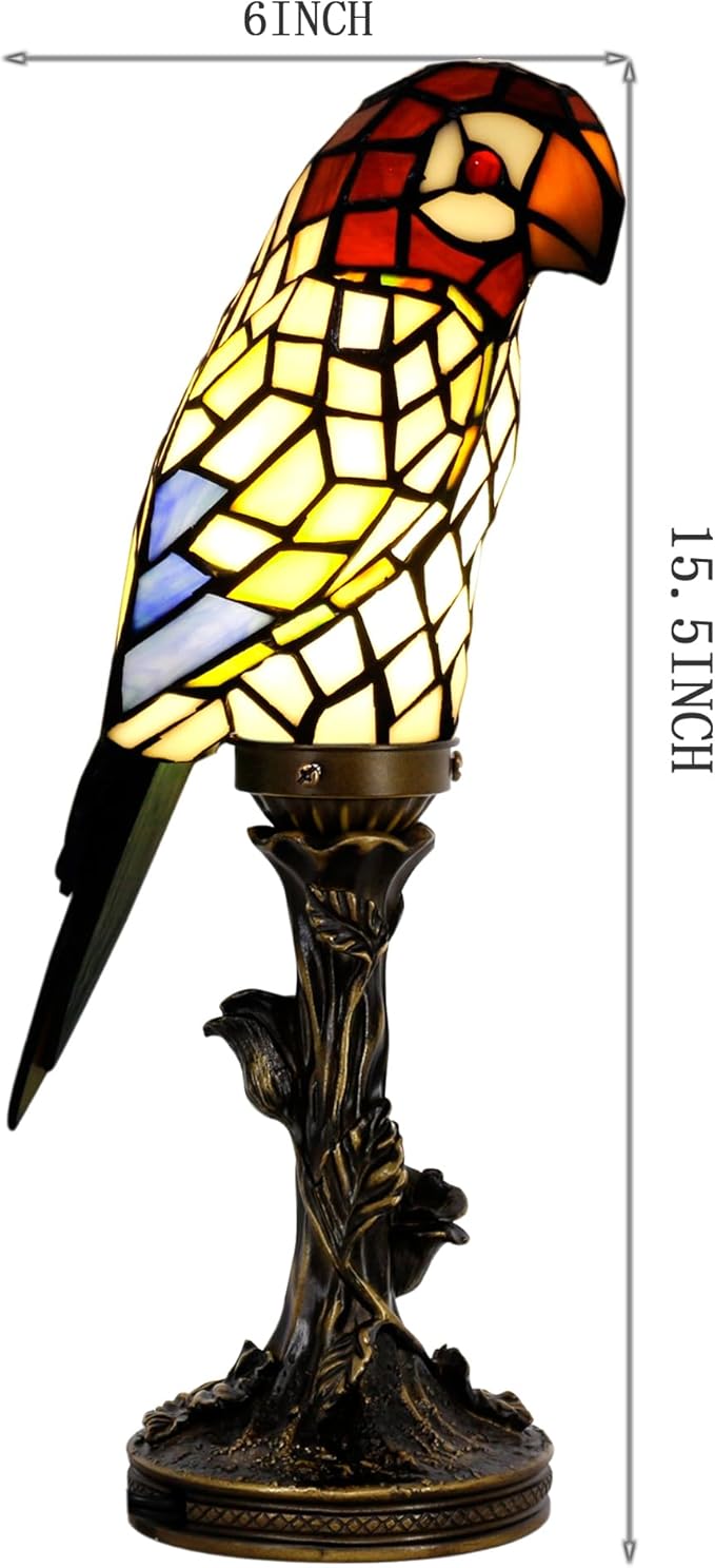 Small Tiffany Lamp Parrot Table Lamp Stained Glass Accent Lamp 15.3 Inch Tall Mini Desk Bedside Night Light for Kids Bedroom (White) - Bloomnest