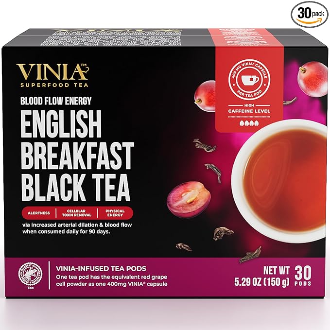 VINIA English Breakfast Black Tea K-Cup Pods, Made with Organic Tea, Infused with Piceid Resveratrol for Heart Health, Nitric Oxide, Physical Energy, Blood Flow, Keto, Kosher, NON-GMO. 30 Ct - Bloomnest