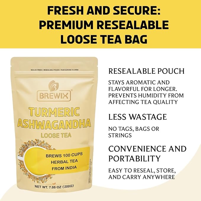 BREWIX, Turmeric Ashwagandha Herbal Tea Loose Leaf (100+ Cups, 7.05oz/200g) Real Ingredients From India, Caffeine Free & Naturally Gluten Free - Bloomnest