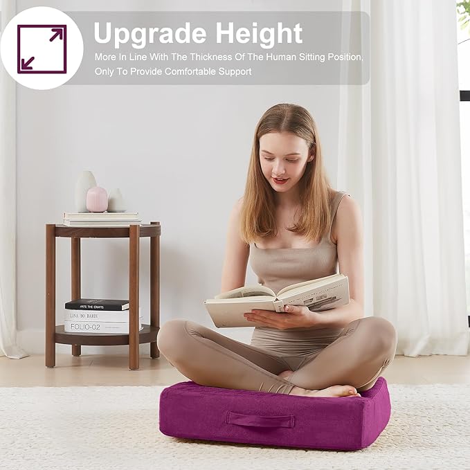 2 Pcs High Density Foam Floor Pillow - Upgraded Large Pillows Seating for Adults - Outdoor Floor Cushion with Soft Tufted Cover - Yoga Pillows for Sitting On Floor - 22 Inch Purple - Bloomnest