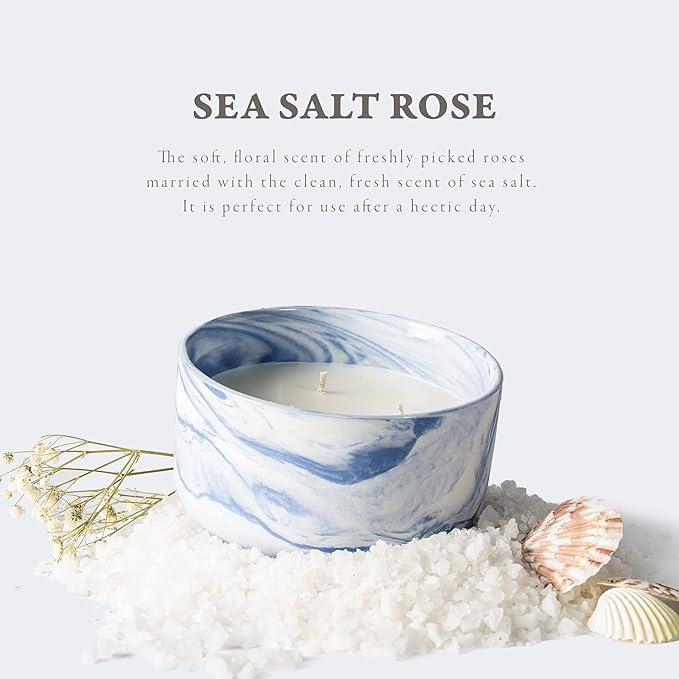 Sea Salt Rose Scented Candle, 14.8oz Natural Soy Wax Non Toxic, 3 Wicks, Long-Lasting with Heat-Resistant Ceramic Jar, Large Candles for Home Scented, Gorgeous Gifts for Women - Bloomnest