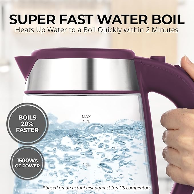 Zulay Kitchen Fast Boiling Electric Water Kettle - 1.7L, 1500W, Auto Shut-Off for Overboil & Boil Dry Protection, Cool-Touch Handle, 360° Base - Rapid Teapot Boiler For Coffee & Tea - Purple - Bloomnest