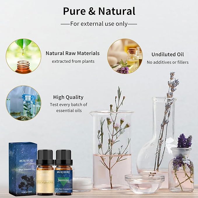 BURIBURI Honeysuckle Oil and Jasmine Essential Oil Set 2 Pack, 100% Pure Diffuser Oil Honeysuckle Essential Oil for Massage, Soap Making BURIBURI