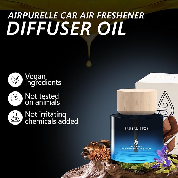 Car Air Freshener 50ML (1.7 FL OZ) Car Air Fresheners Perfume - Spicy Sandalwood Fragrance Oil Air Diffuser for Car, 180+ days Long Lasting Fragrance, Wooden Cup Design Car Fresheners, Made in USA - Bloomnest