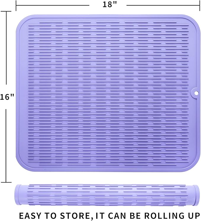 Silicone Dish Drying Mat for Multiple Usage,Easy clean,Eco-friendly,Heat-resistant Silicone Mat for Kitchen Counter or Sink,Refrigerator or Drawer Liner Light Purple XL 18 inches x 16 inches - Bloomnest