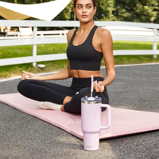 30 oz Tumbler with Handle, Tumbler with Lid and Straw, Double Wall Vacuum Insulated Travel Mug Stainless Steel Tumbler for Hot and Cold, Cupholder Friendly (Purple) - Bloomnest