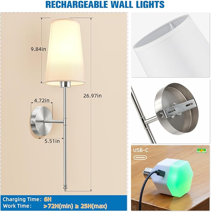 NIORSUN Brushed Nickel Battery Operated Wall Sconce Set of 2,Rechargeable Wall Lights with 5200mAh Dimmable Detachable Bulbs and Remote,9 Colors Wireless Sconces for Bedroom Living Room Hallway - Bloomnest