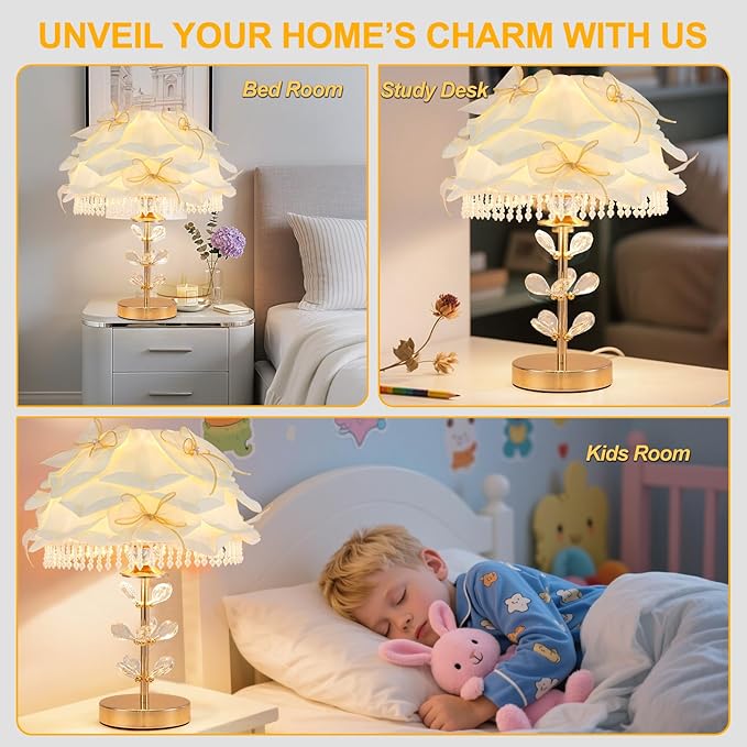 Cute White Table Lamp Girls Bedroom Modern Bow Desk Lamp Crystal Princess Bedside Light for Living Room Wedding Deco Study Room Entry Office - Bloomnest